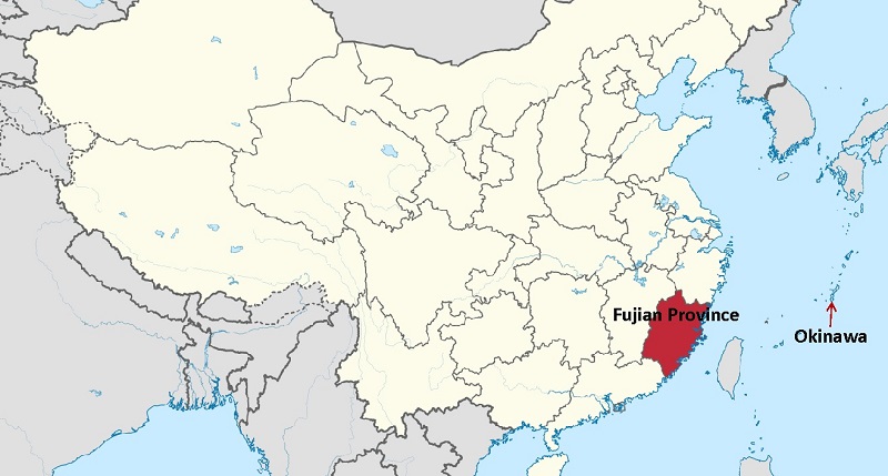 Map showing Fujian province and Okinawa.