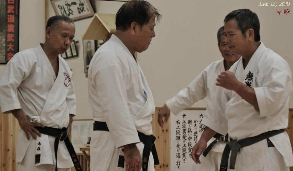 June 12, 2010. Mukenkan seniors practicing at Shinbukan Honbu dojo in Tomigusuku. Left to right: Senseis Akamine, Sawada, Miyahira, Onaga.