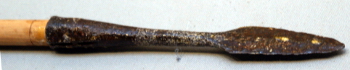 Spearhead of yamashishi-yai (wild boar spear) or puku. Photo by A. Quast: Okinawa Prefectural Museum, May 2009.