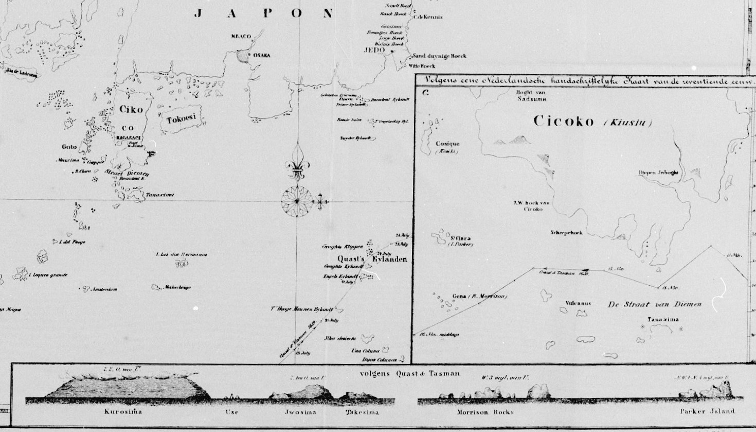 Seekarte 1643 (Detail). Unten findet sich die Topographie von Iwojima und anderne Inseln beschrieben: "Gedaene Coursen door den Schipper Commandeur Martin Gerritsen Vries met het fluitship Castricum Ao 1643"