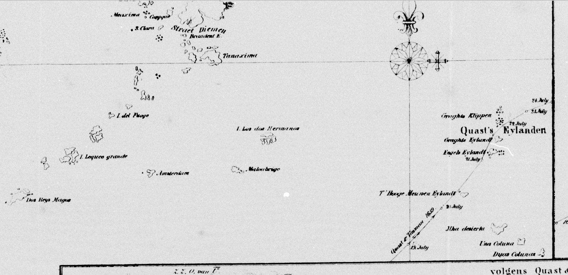 Seekarte 1643 (Detail). Beachte "Lequeo grande" auf der linken Seite: dies ist Okinawa: "Gedaene Coursen door den Schipper Commandeur Martin Gerritsen Vries met het fluitship Castricum Ao 1643"