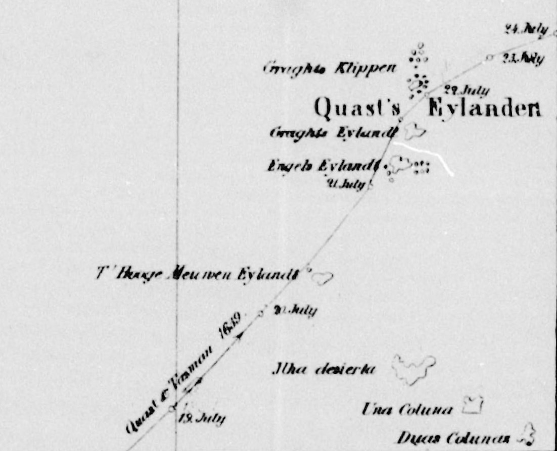 Sie erreichten die "Quast's Eylanden" am 21. Juli, welches zufällig auch mein Geburtstag ist. Seekarte 1643 (Detail): "Gedaene Coursen door den Schipper Commandeur Martin Gerritsen Vries met het fluitship Castricum Ao 1643"