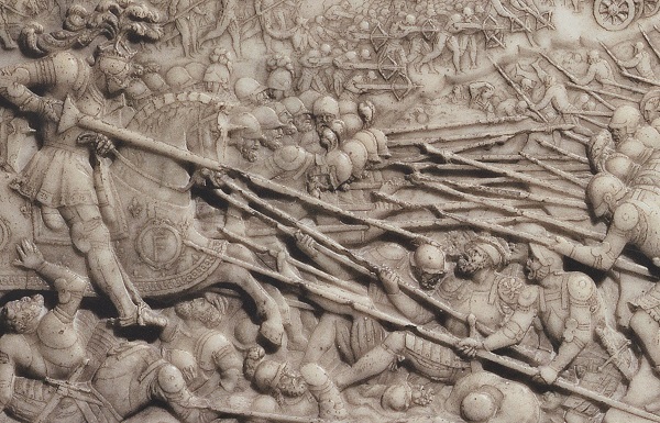 Battle of Marignano: This depiction of his victory at Marignano in 1515 adorns the grave of Francis I (François Ier) of France. During an attack with his lance he led his knights against Swiss pikemen and field artillery.