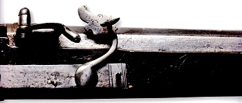 Detail of matchlock musket, Britain, around 1650. Weight 6,05 kg. Barrel length 126 cm. Caliber 19 mm.