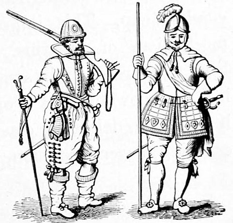 Musketeer and pikemen, early 17th century. From: Piercy, Willis Duff: Great Inventions and Discoveries, 1911.