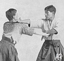 "Defense of a blow against the neck and a strike against the stomach." Dschiu-Dschitsu, 1905.