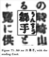 The Kanji "Mai no Te" 舞手 with the reading of "Unsu" added. I think it was pointed out here for the first time.