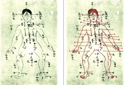 In three different articles the Ogura-print-edition uses the same illustrations, which is a picture traced from Mabuni’s 36 vital point diagram. Left side: Original, right side the Ogura trace placed over it in red (Cf. Mabuni page 142; Ogura-print-edition 20, 27, 105)
