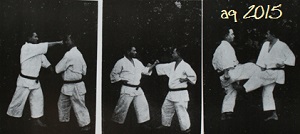 Three of twenty-eight photos of Taira Shinken with Mabuni Kenwa, performing Kata Bunkai. From Mabuni Kenwa’s Karate-dō Nyūmon (Karate-jutsu Kyōhan) of 1938.