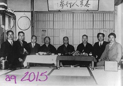 from left to right: Toyama Kanken, Ōtsuka Hironori, Shimoda Takeshi, Funakoshi Gichin, Motobu Chōki, Mabuni Kenwa, Nakasone Genwa and Taira Shinken. From Funakoshi Gichin: Karate-dō Ichiro, 1956.