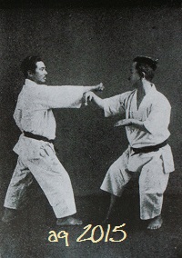One of twenty-eight photos of Taira Shinken with Mabuni Kenwa, performing Kata Bunkai. From Mabuni Kenwa’s Karate-dō Nyūmon (Karate-jutsu Kyōhan) of 1938.