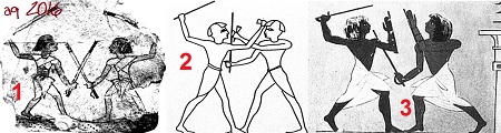 Fencing scenes - left: two fencing soldiers, sketch on an ostracon; right: Stock Fechter front of a chapel to the cult statue of King Tuthmosis III.