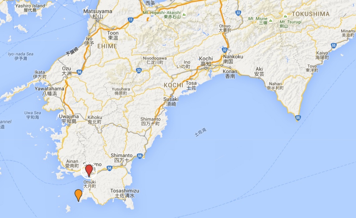 Locations of Oshima Kashiwajima in (orange) and Ōshima (green) in today’s Kōchi Prefecture, Shikoku, Japan.