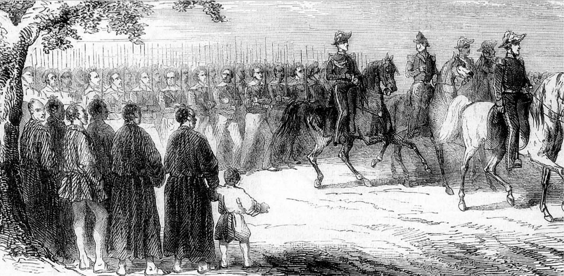 Admiral Guérin and French marines embark at Tomari in November 1855.